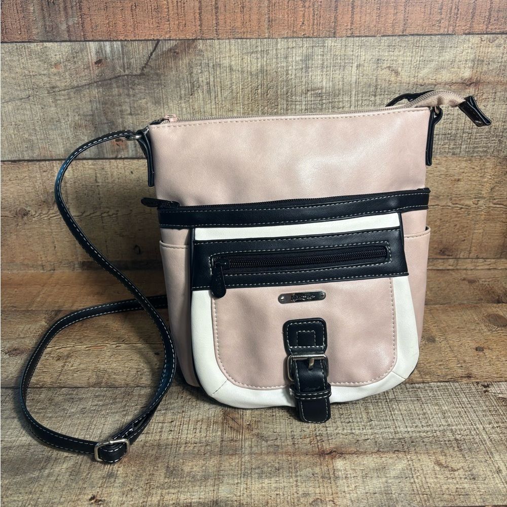 Multi Sac Crossbody Bag Purse Blush Pink Black Cream Zippers 9”x9” VGUC